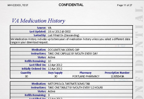 Example portion of a downloaded health record, showing details of a prescription history
