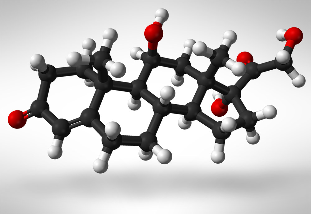 Rendering of a cortisol molecule with black, white and red atoms joined by black and white bars