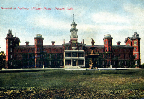 View of the front facade of the hospital at the National Military Home in Dayton, Ohio