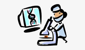 Clipart image of a DNA strand on monitor and scientist at microscope