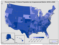 Thumbnail of the Percent Change of Veteran Population by Congressional District: 2018 to 2028