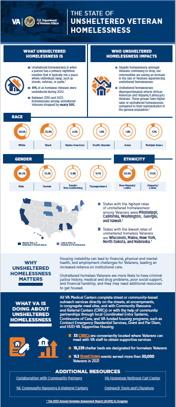 An image of the state of unsheltered veteran homelessness infographic 2023