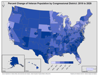 Thumbnail of the Percent Change of Veteran Population by Congressional District map Thumbnail of the Percent Change of Veteran Population by Congressional District: 2018 to 2028